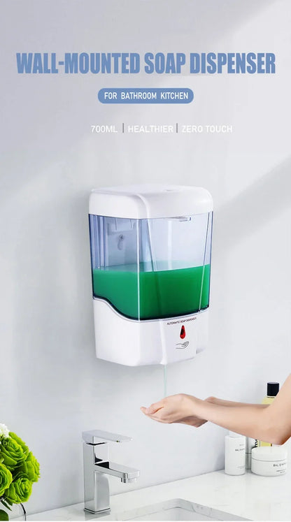 Automatic Touchless Soap Dispenser 700ml, Wall-Mounted Large Capacity Battery-Operated Sensor Hand Washer for Bathroom Kitchen