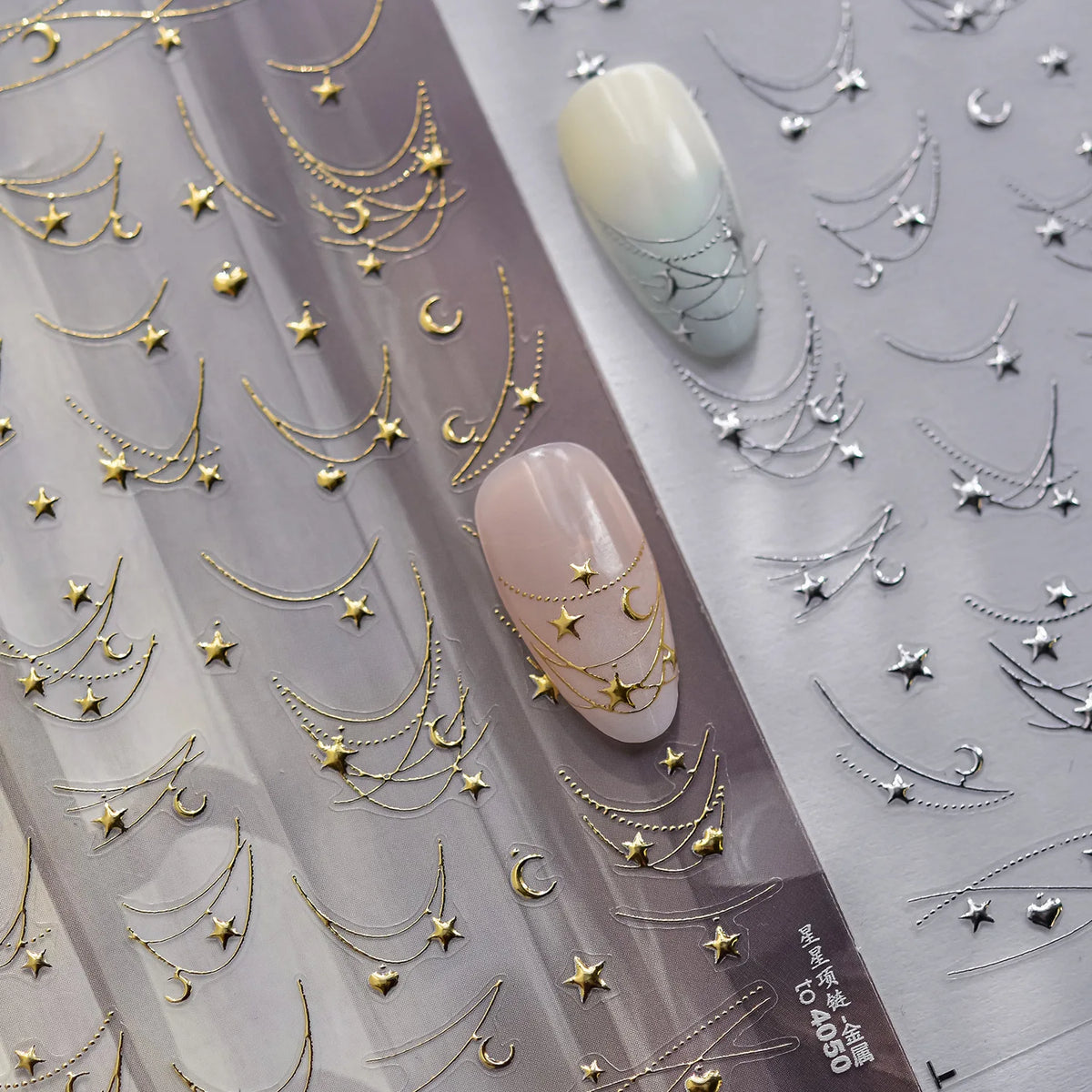 1Pcs 5D French Star Moon Chains Nail Art Stickers Gold/Silver Curved Lines,Starlight Nails Slider Self-Adhesive Manicure Decal &