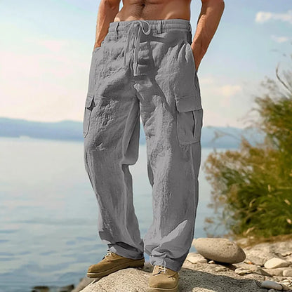 Summer Men'S Cotton And Linen Pants Multiple Pockets Breathable Loose Drawstring Straight Leg Pants Sports And Casual Pants