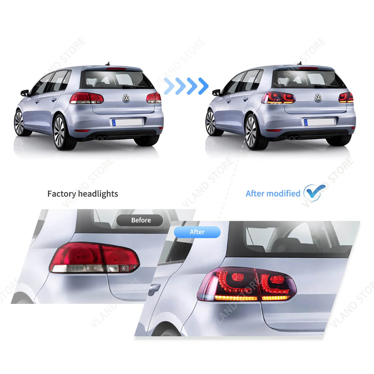 08-14 Golf MK6 Hatchback VLAND LED Tail Lights E-Mark w/ Amber Sequential Turn Signal Rear Lamps Assembly Set of 2