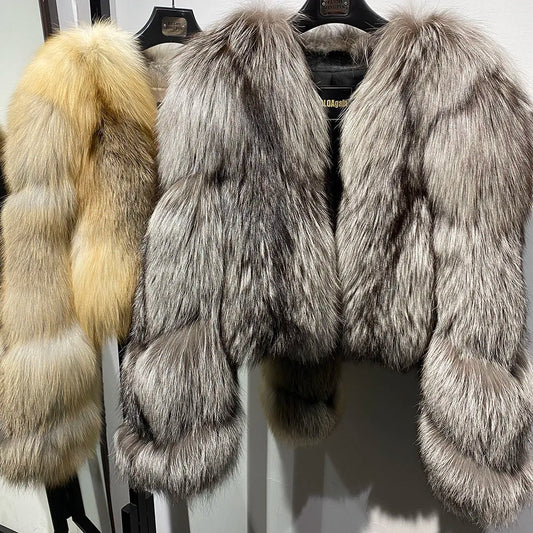 YOLOAgain Women's Natural Fox Fur Jacket 2025 Winter Warm Luxury Real Fox Fur Coat