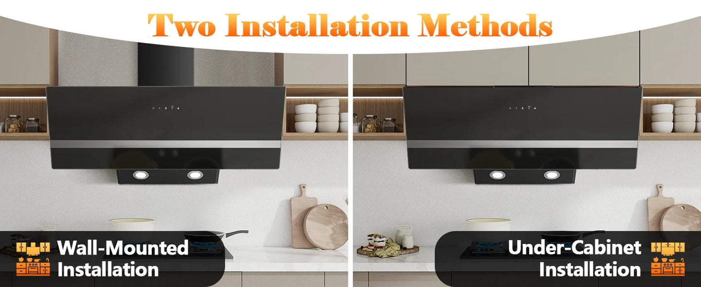 90cm Wall Hood, A+++ Energy Class, 400 m³/h, Touch Control, LED Light, Black Stainless Steel/Glass, Quiet 58 dB‌