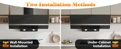 90cm Wall Hood, A+++ Energy Class, 400 m³/h, Touch Control, LED Light, Black Stainless Steel/Glass, Quiet 58 dB‌