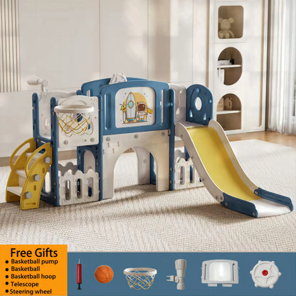 Toddler Slide Kids Slide Baby Slide Indoor Playground Toddler Playground Set Kids Climber Slide 8 in 1 Playset with Basketball Hoop Telescope Rotating Steering Wheel Enclosed Anti Slip Steps Long Slide HDPE Play Center for 18