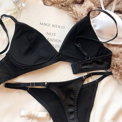 Summer Women Underwear Set Sexy Silken Triangle Cup Wireless Bras French Bralette Seamless Intimates Bra and Thong Lingerie Set
