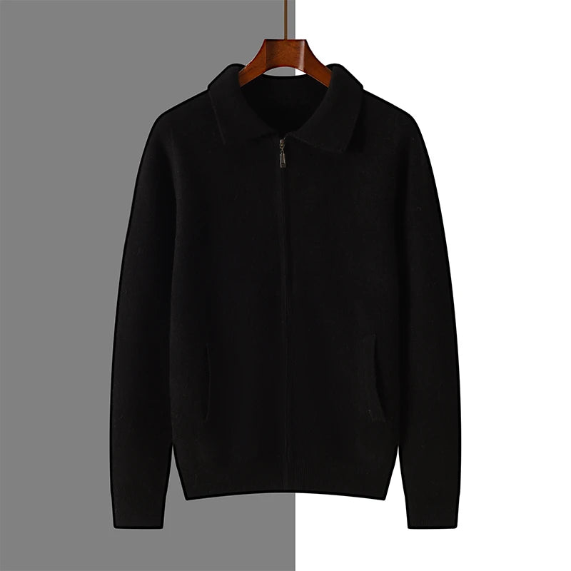 Men's 100% Merino Wool Thickened Sweater Polo Collar Business Zippered Cardigan Autumn Winter New Cashmere Jacket Knitted Top