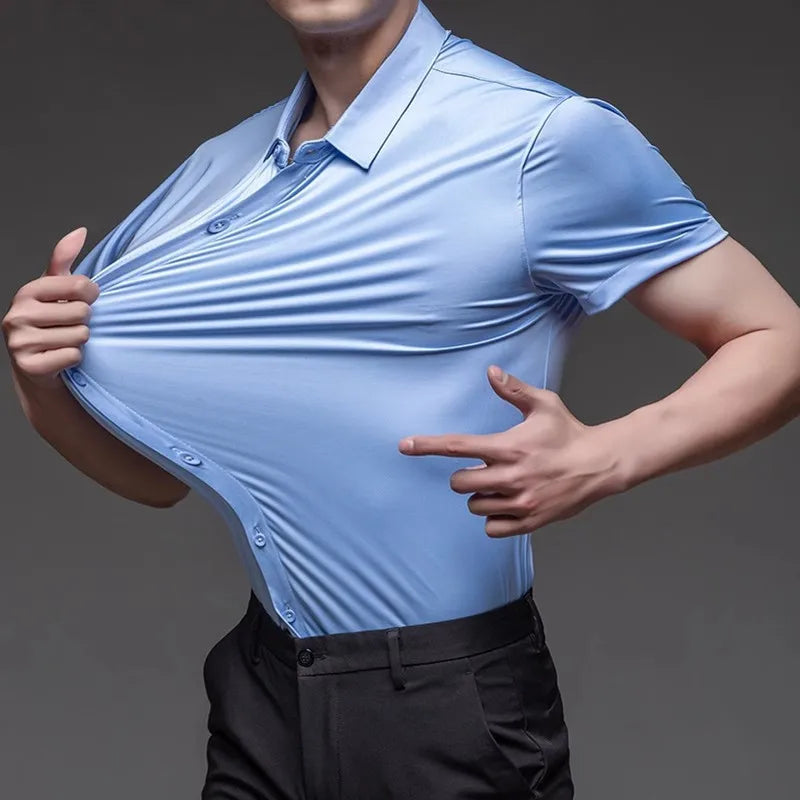 High Quality Dress Shirts For Men Business Casual Seamless Wrinkle Resistant Button Soft Elastic Luxurious Male White Clothing