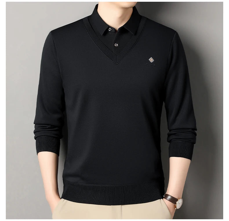 Men's Fleece Lined Sweater Polo Collar Pullover Tops Fashion Business Causal Pullovers Korean Slim Fit Thick Winter Clothes