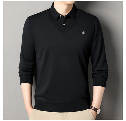 Men's Fleece Lined Sweater Polo Collar Pullover Tops Fashion Business Causal Pullovers Korean Slim Fit Thick Winter Clothes
