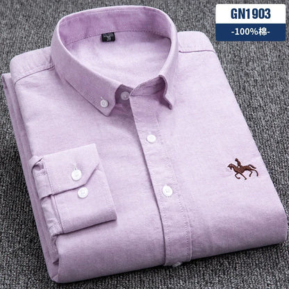 Casual cotton men's shirt slim fit horse logo bottom inch shirt Oxford spinning long sleeved striped shirt
