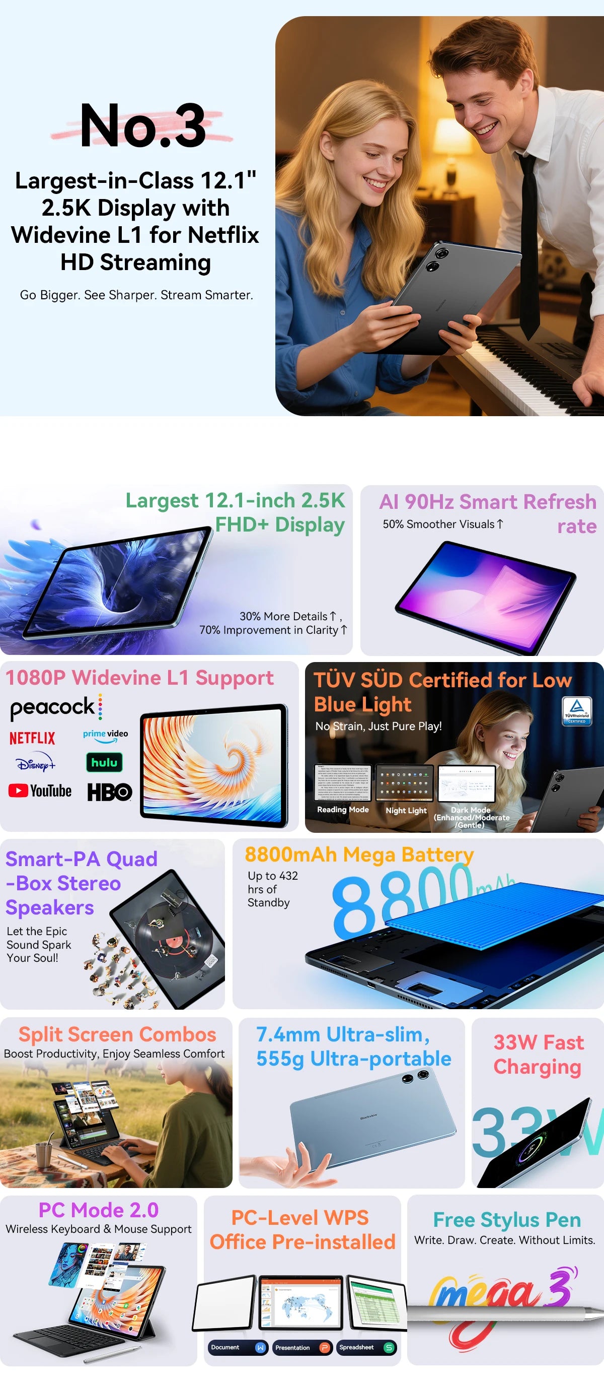 Blackview MEGA 3 Tablet PC 12.1' 2.5K FHD+ Display MTK G100 Octa Core 12GB 256GB 8800mAh 50MP Camera 33W Charger Android 15 Pad