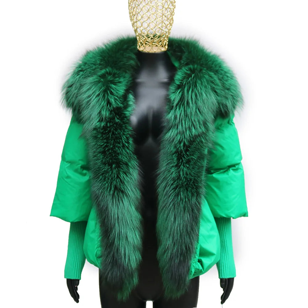 Oversized Winter Warm Real Fox Fur Collar Black Down Coat Women Puffer Outerwear Jackets 2024 Autumn Winter