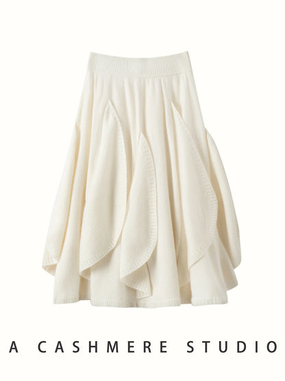 French 100% Pure Cashmere Skirt Ruffle Irregular A-line Soild Midi Sirt Autumn Winter Women Elegant Pleated  Knit Dress Fashion