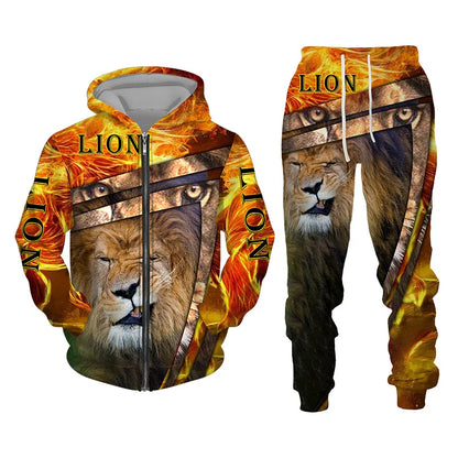 Spring and Autumn Men's Tracksuit 3D The Lion Print Zipper Hoodies Sweatshirts Pants Sets Casual Mens Clothing Women's Tracksuit