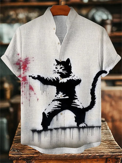 Men's short-sleeved shirt with cat and dinosaur print, casual and stylish vacation-style men's top, fashionable Hawaiian design.