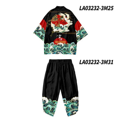 Large Size 5XL 6XL Japanese Kimono Cardigan Pants Set Print Fox Men Women Shirt Tradition Yukata Haori Obi Cosplay Costume