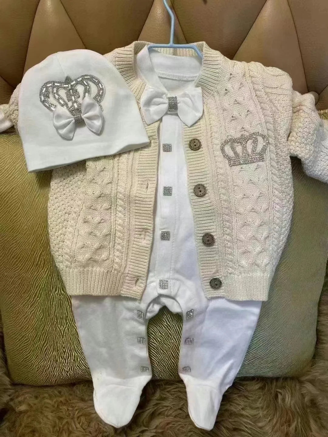 Dollbling Baby Boys' Knit Ribbed Romper Jumpsuit with Bodysuit and Hat 3pcs Set Newborn Cotton Knitted Sweater Romper Suit