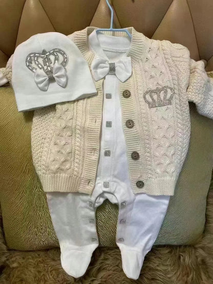 Dollbling Baby Boys' Knit Ribbed Romper Jumpsuit with Bodysuit and Hat 3pcs Set Newborn Cotton Knitted Sweater Romper Suit