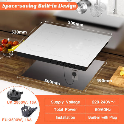 NOXTON White/Black Induction Hob Plug in, (UK:2800W/EU:3500W) 4 Zones with 1 Grill Zone, 60CM Touch, Safety Lock,Ceramic Glass