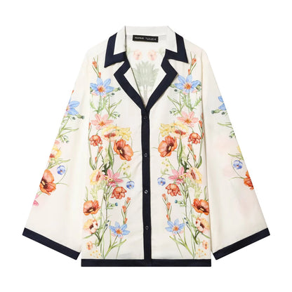 ZERAINS Casual style single row multi button lapel long sleeved contrasting printed shirt and printed pants set