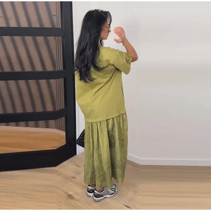 2026 Summer New Loose Patchwork Dresses Women's Pleated Fashion Short Sleeve O-neck Long Robes Female Elegant Casual Dress