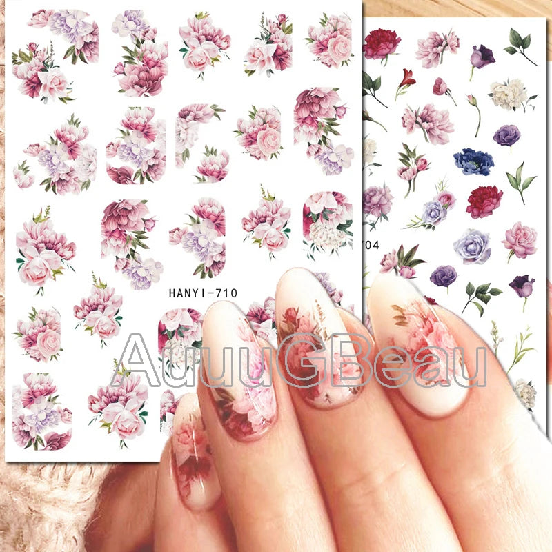 3d Nails Art Decals Spring Fruits Pink Full Tips Peony Magnolia Flowers Adhesive Sliders Stickers Decoration For Nails Manicure