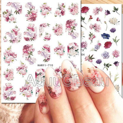 3d Nails Art Decals Spring Fruits Pink Full Tips Peony Magnolia Flowers Adhesive Sliders Stickers Decoration For Nails Manicure