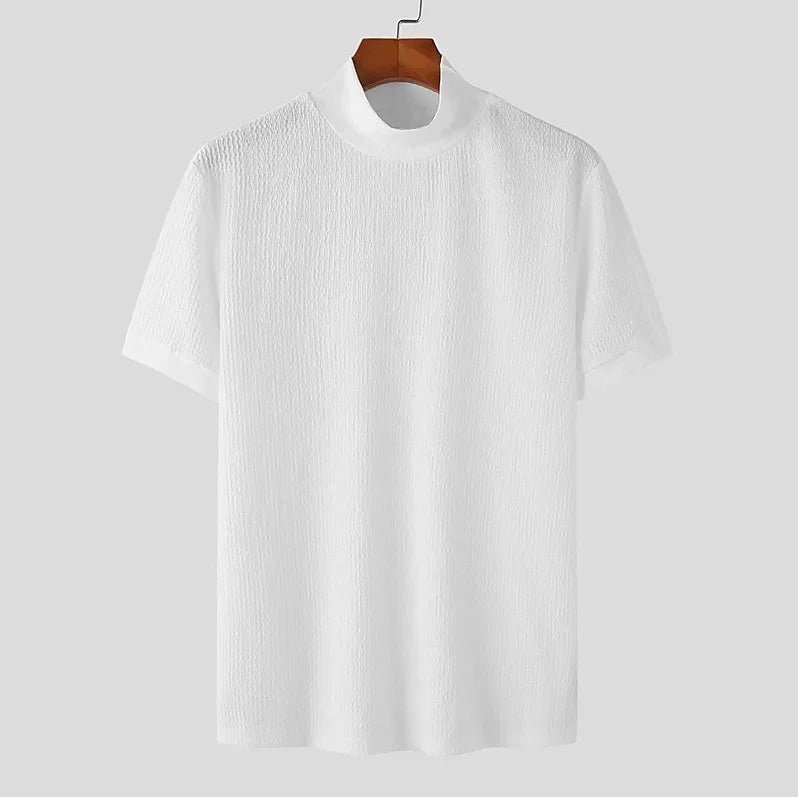 Summer New Casual Simple Knitted Base Shirt European and American Men's High Neck Water Ripple Solid Color T-Shirt
