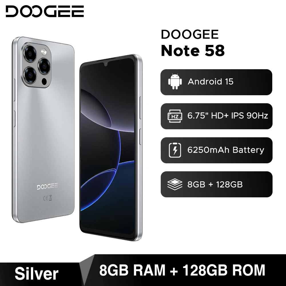 Global Version DOOGEE Note 58 Android 15 Smartphone 8GB RAM+128GB ROM 6.75" HD+ 90Hz IPS Screen 6250mAh Large battery NFC