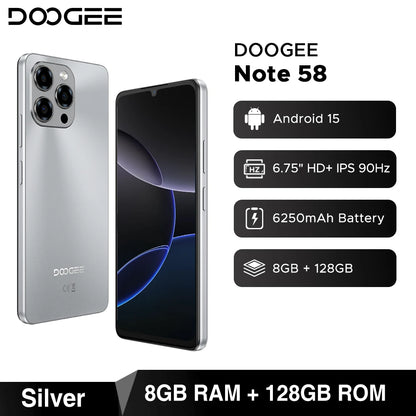 Global Version DOOGEE Note 58 Android 15 Smartphone 8GB RAM+128GB ROM 6.75" HD+ 90Hz IPS Screen 6250mAh Large battery NFC