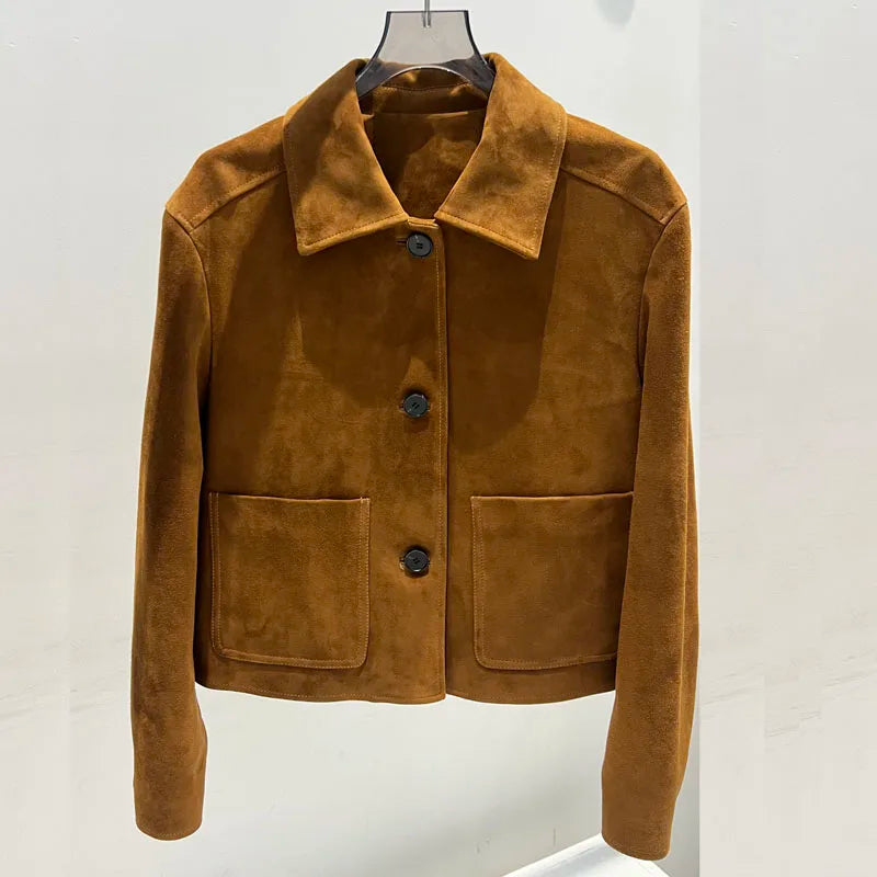 European Imported Kid Suede Leather Jacket for Woman High Grade Turn Down Collar Pocket Short Cropped Coat Long Sleeve Top Mujer