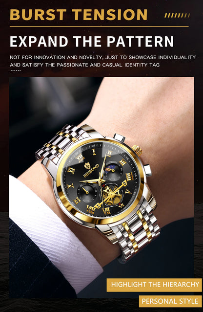 BINBOND Chronograph Men's Watches Accurate Quartz Watch For Men Luxury Luminous Waterproof StopWatch Durable Reloj