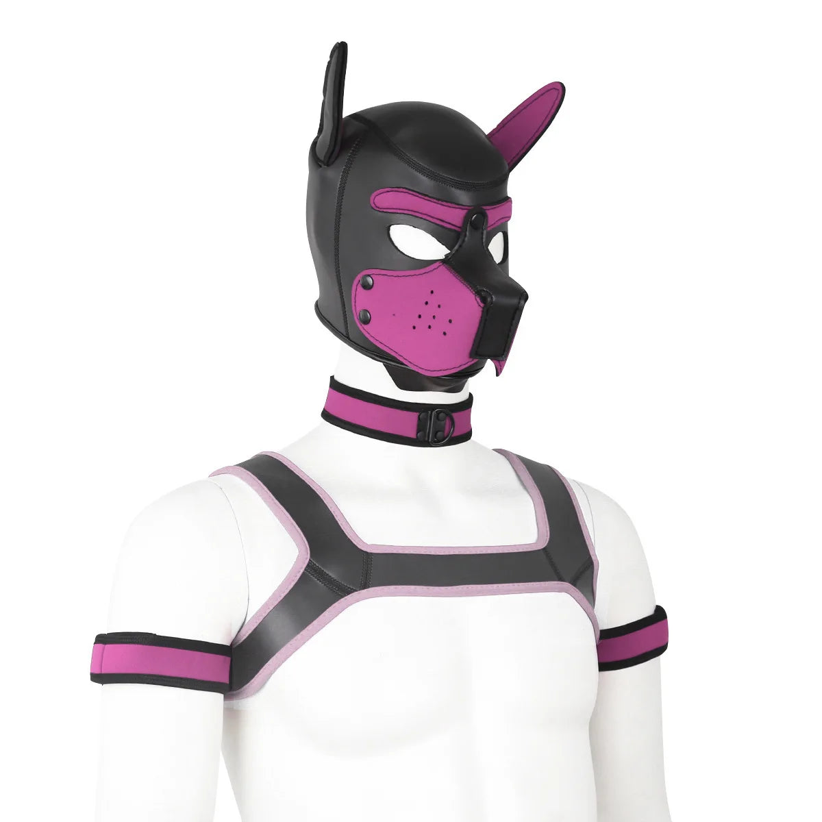 Large Size Puppy Cosplay Neoprene Fetish Hood Mask Kit with Chest Strap Collar Armband Sex Costumes for Bdsm Slave Role Play