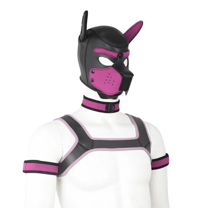 Large Size Puppy Cosplay Neoprene Fetish Hood Mask Kit with Chest Strap Collar Armband Sex Costumes for Bdsm Slave Role Play