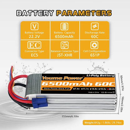 Youme 6S 22.2V 6500mah 5200mah RC Lipo Battery 22.2V XT60 XT90 EC5 RC Airplane Helicopters Car Boat Truck Parts