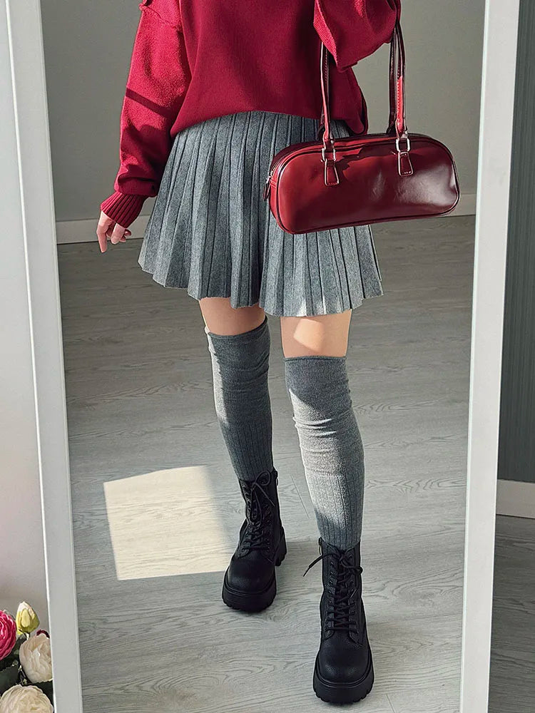 Autumn Knit White Mini Pleated Skirts For Women A Line Skirt Gray High Waist Women Knitted Pleated Short Skirts Korean Fashion