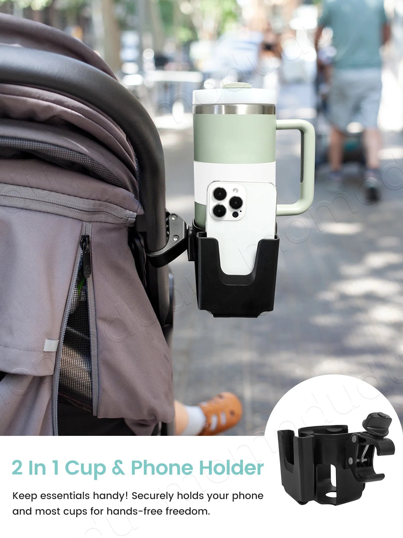 2-in-1 Large-Size Universal Stroller Cup Holder with Phone Holder - 360° Rotatable Adjustable Clamp, Detachable Stand