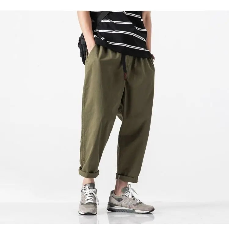 100% Cotton Casual Summer Pants With Belt Men Straight Baggy Ankle-Length Cargo Trousers Wide Leg Sweatpants Male Streetwear
