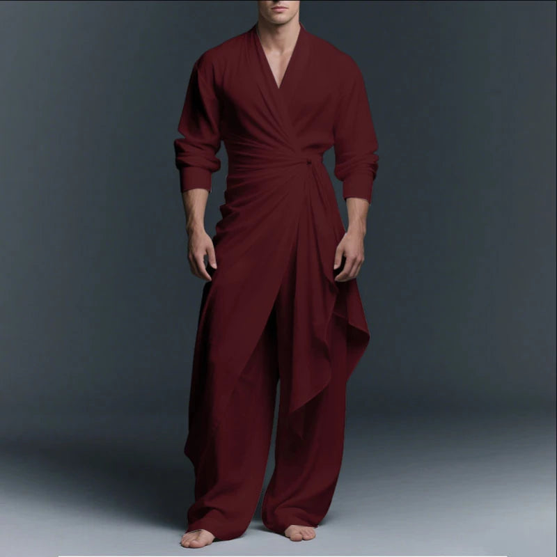 INCERUN Men Sets Solid V Neck Long Sleeve Long Style Shirt & Pants Two Pieces Sets Streetwear Loose Vintage Casual Men's Suit