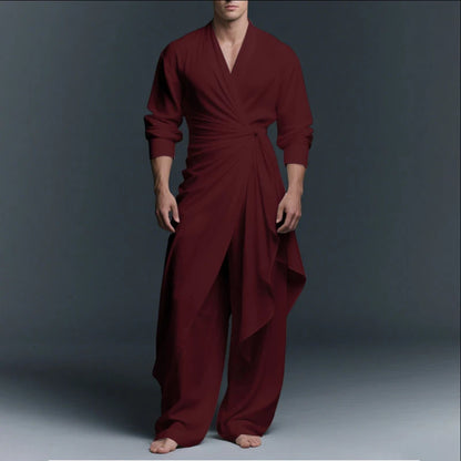 INCERUN Men Sets Solid V Neck Long Sleeve Long Style Shirt & Pants Two Pieces Sets Streetwear Loose Vintage Casual Men's Suit