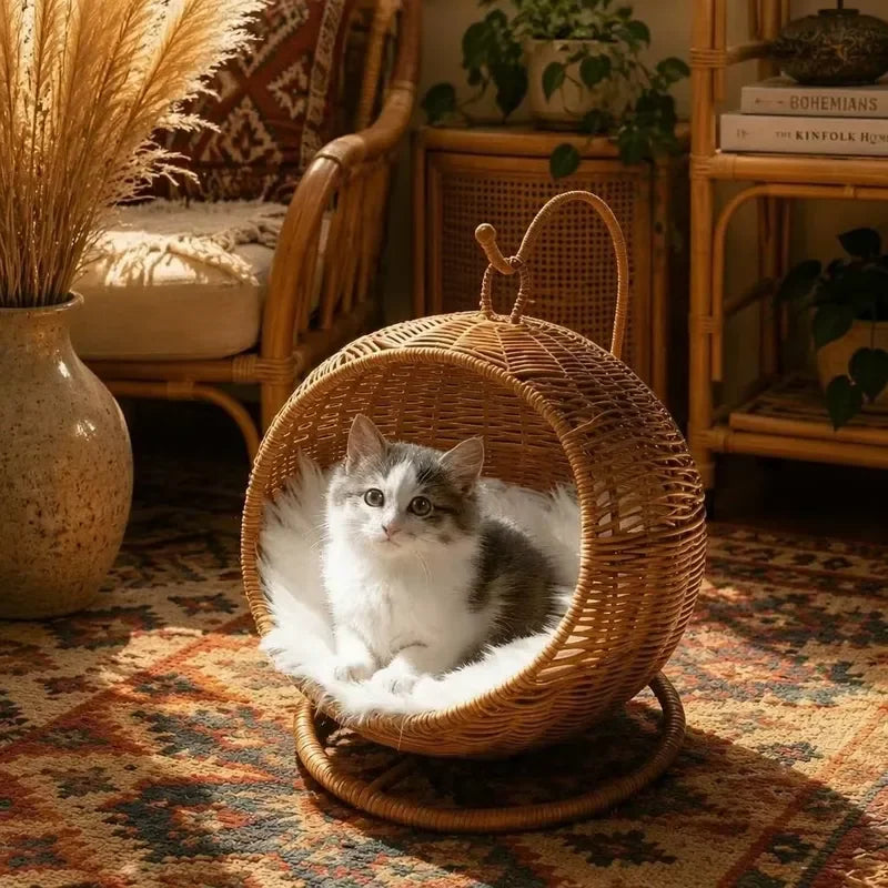 Handwoven Elevated Cat Bed with Soft Cushion & Egg Chair Shape Basket Bed Kitty House with Stand Raised Wicker House for Cats