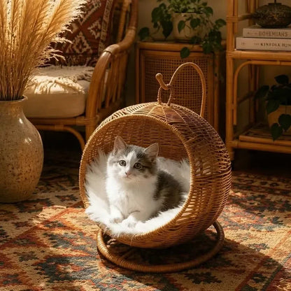 Handwoven Elevated Cat Bed with Soft Cushion & Egg Chair Shape Basket Bed Kitty House with Stand Raised Wicker House for Cats
