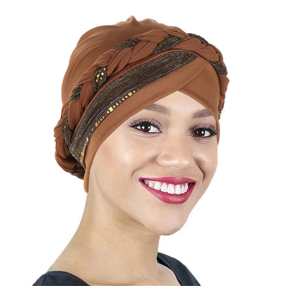 Color Blocked Bright Silk Braid Women Hijabs Turban Hat Solid Color Head Wraps  Pre-tied Elastic Head Scarf Beanies Chemo Cap