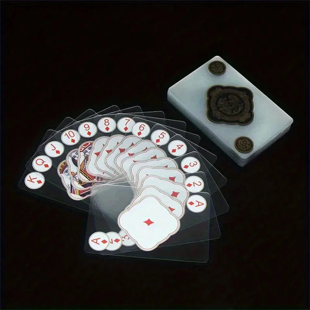 Vandeniui atsparūs permatomi plastikiniai žaidimų kortelių rinkiniai (2 vnt.) – kūrybinės patvarios PVC pokerio kortos stalo žaidimams ir klasikiniams kortų žaidimams