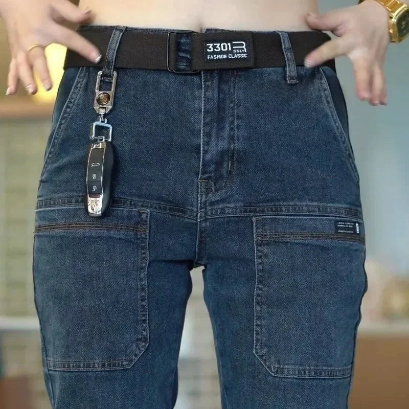 Spring Summer Thin Six Pocket Men's Jeans Elastic Straight Leg Casual Slim Fit Jeans Versatile Multi-Pocket Long Y2K Denim Pants