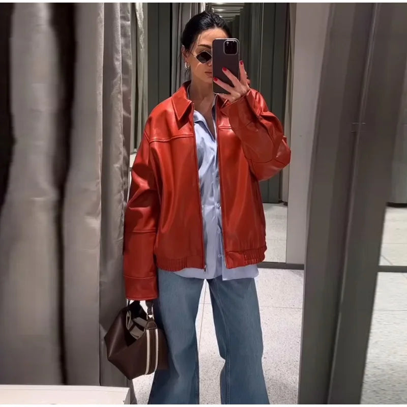 Street Women's Belt Leather Jackets Loose Lapel Zipper Long Sleeve Pockets Female Coats 2026 Autumn Lady Fashion Y2k Outwear