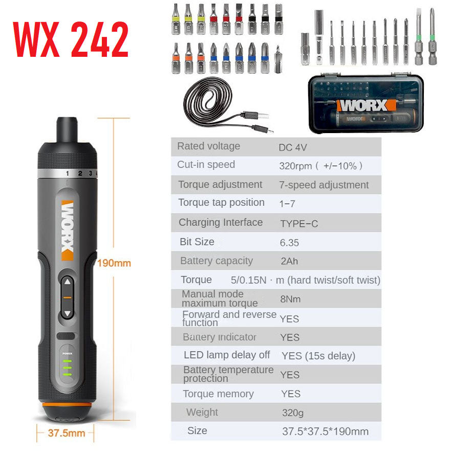 Worx 4V Mini Electrical Screwdriver Set WX242 Smart Cordless Electric Screw Driver USB Rechargeable 30 Bit Set Drill Tool