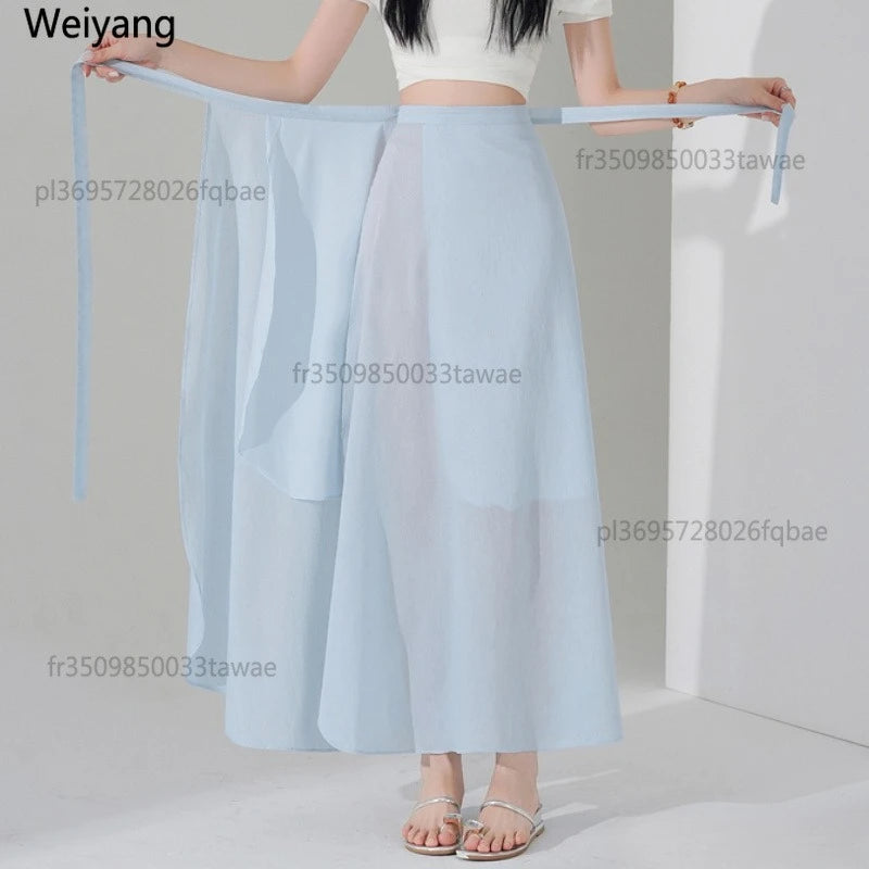 Chic Korea Clothes Summer Women Cute Sweet GIrls Solid Robe Holiday Date High Waist Retro Vintage Wrap One-Piece Lace-Up Skirts
