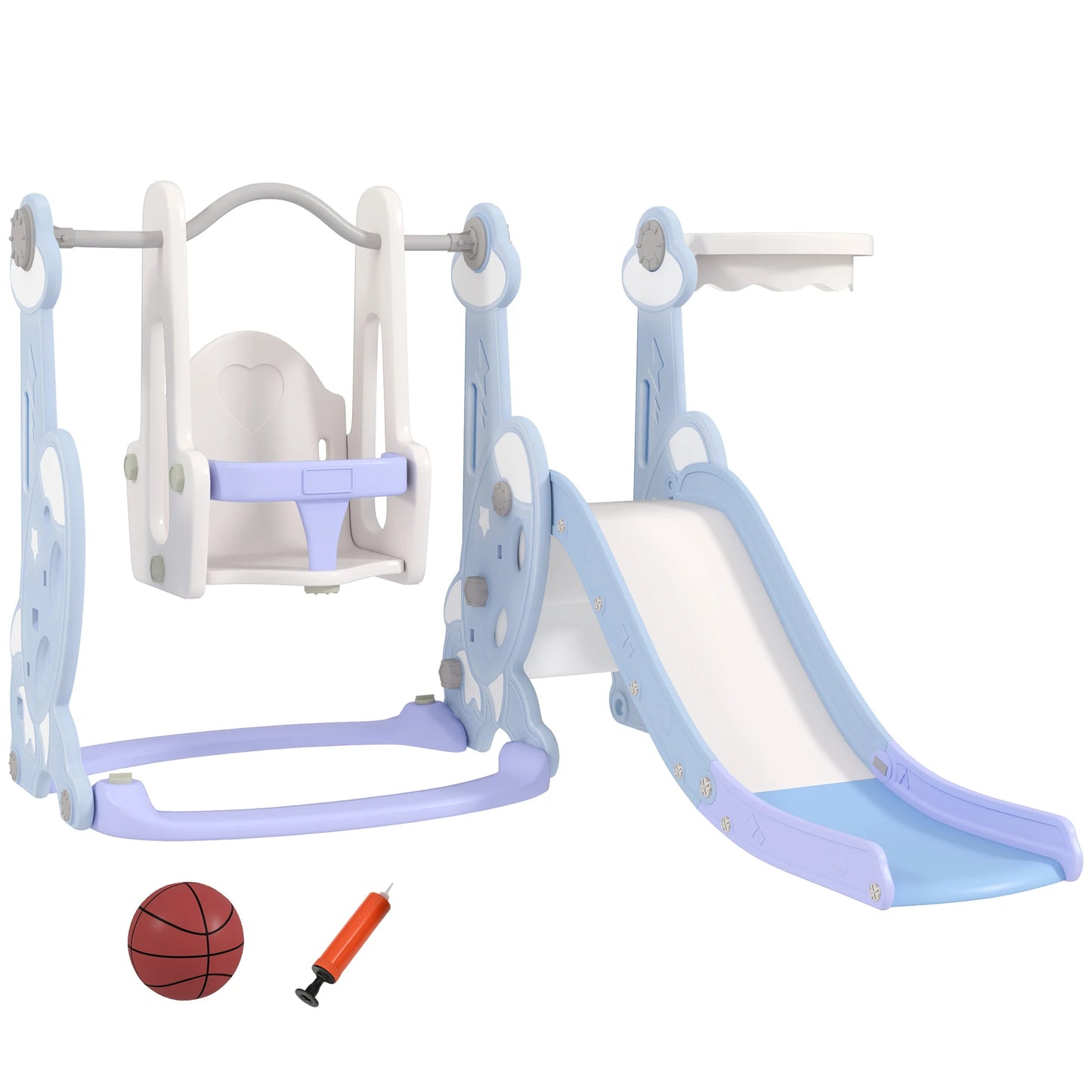 4-in-1 children’s play set with a slide, swing, climbing wall, and hoop, 147.5x160x107 cm, light blue