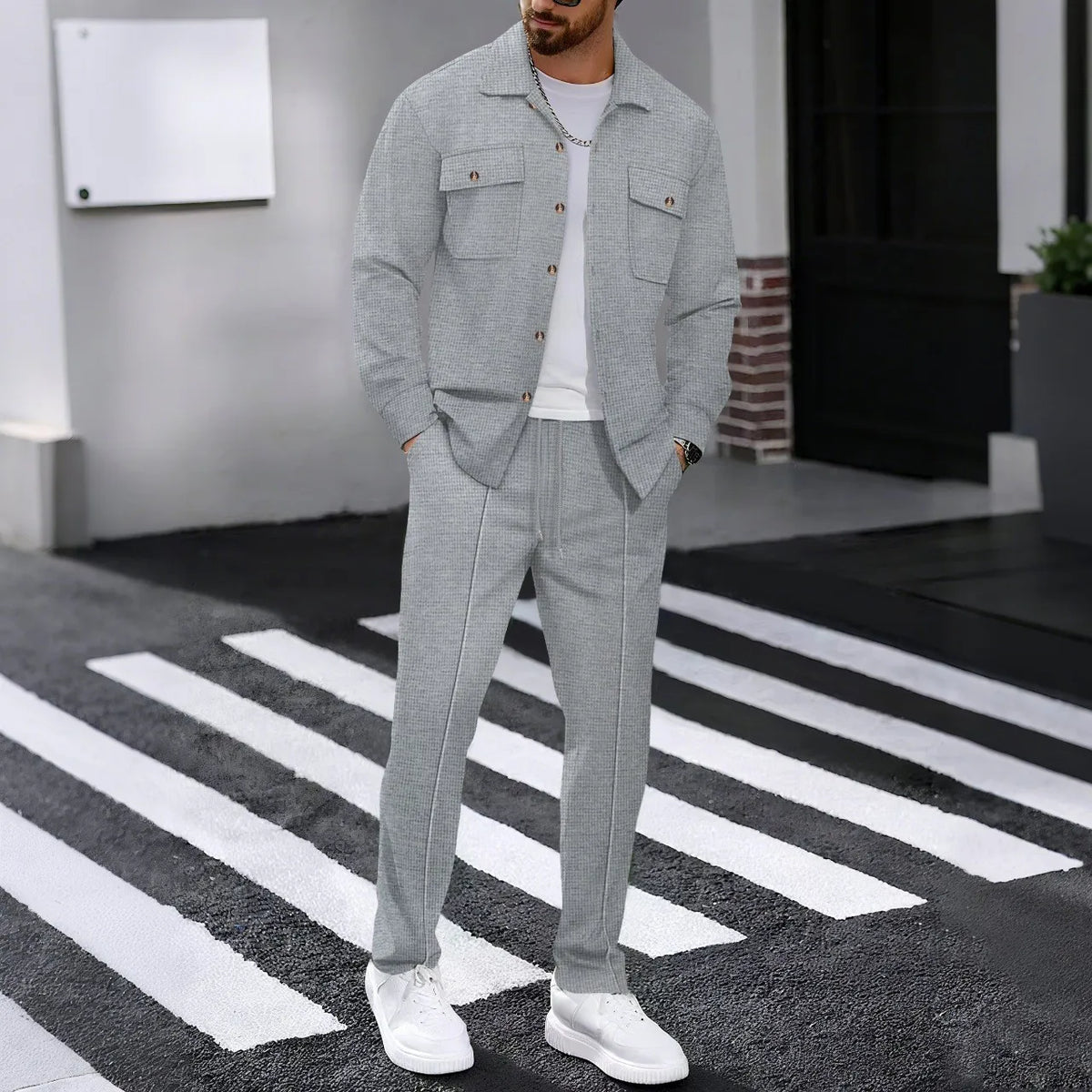 New autumn style waffle long-sleeved solid-color double-pocket buttoned cardigan shirt and pants set